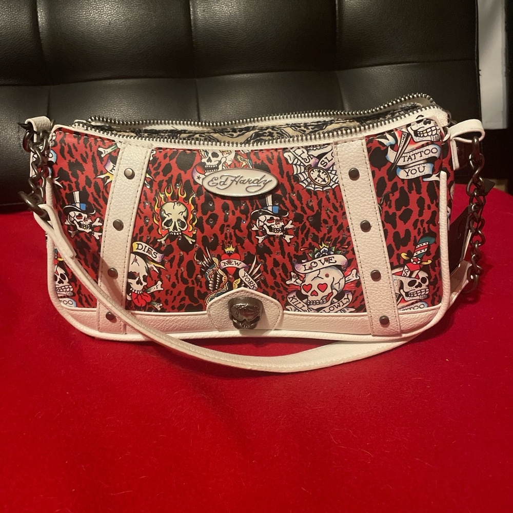 Ed Hardy Tattoo Print Shoulder Bag - Red and White